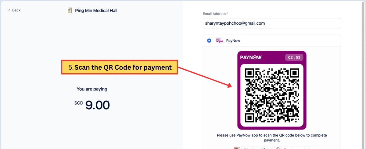 Check the amount to be paid and scan the QR Code on the right for PayNow
